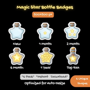 May include: A collection of six star-shaped bottle badges with cork stoppers, each containing different star designs. The badges are labeled "New", "1 Month", "2 Month", "6 Month", "1 Year", and "Top Fan". Text at the bottom reads "6 Pack" and "Instant Download".