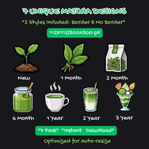 Puede incluir: Gráfico de arte pixelado con siete diseños únicos de matcha. Incluye imágenes de hojas de matcha, polvo y bebidas, con etiquetas de texto que indican las etapas de "New" a "3 Year". El texto "7 Pack" y "Instant Download" también son visibles.