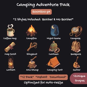 Puede incluir: Paquete de ilustraciones digitales con iconos de camping. Incluye una taza de café, una fogata, una escena nocturna, una brújula, un pergamino de mapa, una honda, una cantimplora, una mochila, una linterna, un tocón de hacha, una tienda de campaña y una guitarra.