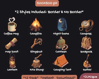 12 Cozy Camping Twitch Sub Badges, Ranger Adventure Bit Badge, Woodland Asset, Isometric Hiking Icon, Bonfire, Tent, 12 Pack