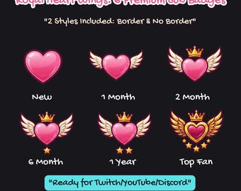Royal Heart Wings Twitch Sub Badges | Glossy Pink Streamer Badges