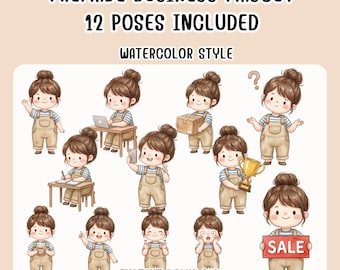 Chibi Girl Clipart, Business Mascot Branding Kit, 12 Poses (PNG)