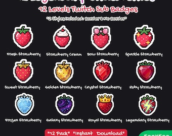 Strawberry Twitch Sub Badges | 12-Level Pixel Art Emotes (Instant Download PNG)