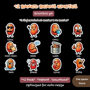 Puede incluir: Una colección de 12 emoticonos de judías horneadas de dibujos animados con varias expresiones, incluyendo "Cool", "Hi", "Chill" y "Wow". Los emoticonos están sobre un fondo negro, con el texto "12 Baked Beans Emotes" y "Instant Download".