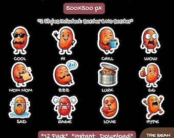Baked Bean Twitch Emotes, Food Emoji, Cozy Watercolor Streamer Assets (PNG 500px)