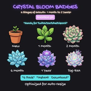 Puede incluir: Gráfico digital que muestra seis etapas de crecimiento de suculentas, desde "New" hasta "Top Fan." El texto incluye "Crystal Bloom Badges," "6 Stages of Growth: 1 month to 2 years+," y "Ready for Twitch/YouTube/Discord." Las insignias están optimizadas para el cambio de tamaño automático.