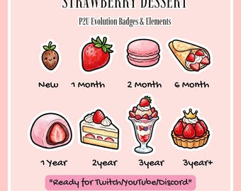 Strawberry Dessert Twitch Sub Badges, Kawaii Emotes, Discord Streamer Assets