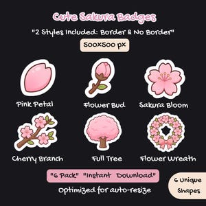 May include: A collection of six cute Sakura badges in various shapes, including a pink petal, flower bud, Sakura bloom, cherry branch, full tree, and flower wreath. The text reads "Cute Sakura Badges" and "6 Pack Instant Download."