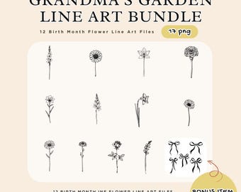 Birth Flower Line Art Bundle, Grandma's Garden Bouquet (PNG Digital Download)