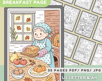 Cozy Autumn Breakfast Coloring Pages, Cottagecore Line Art (Digital Download PDF, PNG, JPG)