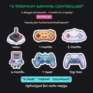 May include: An illustration showing six stages of gaming controller evolution, from a classic joystick to a modern controller. Text includes "6 PREMIUM GAMING CONTROLLER", "6 Stages of Growth: 1 month to 2 Years+", and "Ready for Twitch/YouTube/Discord".