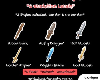 Cute Sword Twitch Sub Badges, RPG Weapon Bit Badge, Fantasy Gamer Asset, Chibi Knight Blade, Dungeon Evolution Icon, 6 Pack Bundle