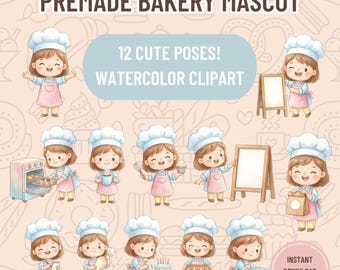 Bakery Mascot Logo, Chibi Baker Girl Clipart, Watercolor Cake Shop Branding (12 Poses PNG)