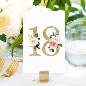 Floral Table Numbers, Printed Table Numbers 1-20, Gold Table Number for Wedding, Bridal Shower, for Frames, Holder Not Included