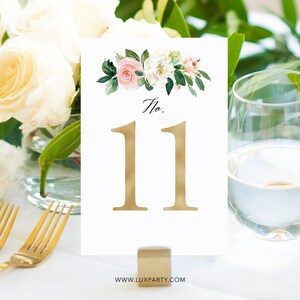 Floral Table Numbers, Printed Table Numbers 1-20, Gold Table Number for Wedding, Bridal Shower, for Frames, Holder Not Included