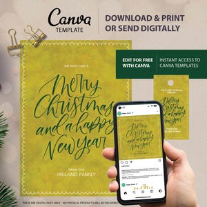 Kerstkaart zonder foto | Cadeaukaartje | Instagram-bericht | Geschulpte decoratieve rand | Direct downloaden | Bewerkbare digitale canvassjabloon