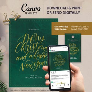 Tarjeta postal navideña sin fotografía / Etiqueta de regalo / Publicación de Instagram / Borde decorativo festoneado / Descarga instantánea / Plantilla digital editable de Canva
