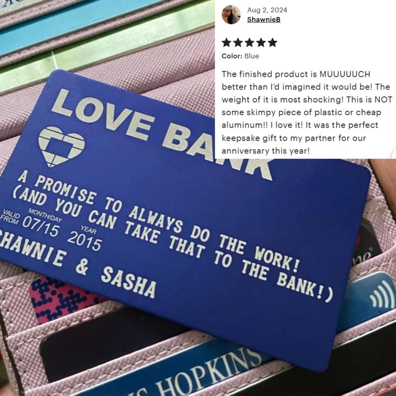 May include: A blue card with the text "LOVE BANK" in white letters. The card has a promise to always do the work and take that to the bank. The card is personalized with the names "CHAWNIE & SASHA" and the date "07/15 2015".