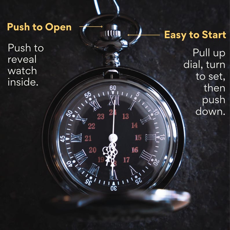 Pu&ograve; includere: Un orologio da tasca nero con numeri romani sul quadrante. L'orologio ha un quadrante nero con lancette bianche e numeri bianchi. L'orologio &egrave; aperto e le lancette sono impostate alle 12:00. L'orologio ha un meccanismo di apertura a pressione e un quadrante estraibile per impostare l'ora.