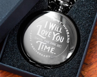 Wedding Anniversary Gift for Husband - Laser Engraved Pocket Watch - A Perfect 1 Year Anniversary Gift (Modern Clock w/ Classic Style)