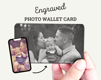 Personalized Photo Wallet Card - Engraved Aluminum Metal Anniversary Gift for Him or Her, Boyfriend or Husband Birthday, Your Handwriting