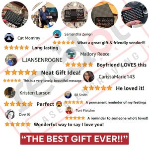 May include: A collage of customer reviews for a small, black, engraved metal card with the text "The Best Gift Ever!"  The reviews are positive and include comments like "What a great gift & friendly vendor!!!", "Boyfriend LOVES this", and "He loved it!"