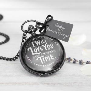 Engraved Pocket Watch for Husband - Anniversary Gift from Wife - Black Stainless Steel - Sentimental Keepsake immagine 1