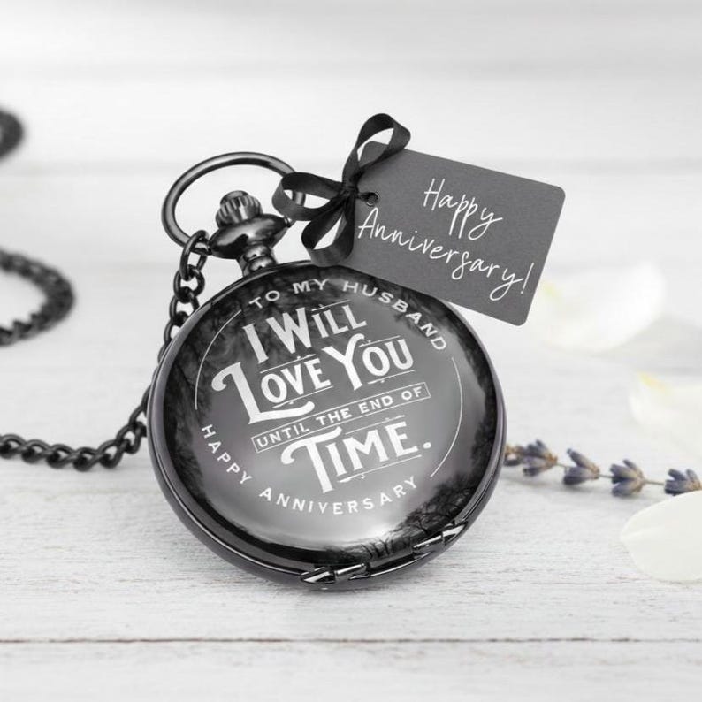 Engraved Pocket Watch for Husband - Anniversary Gift from Wife - Black Stainless Steel - Sentimental Keepsake immagine 1
