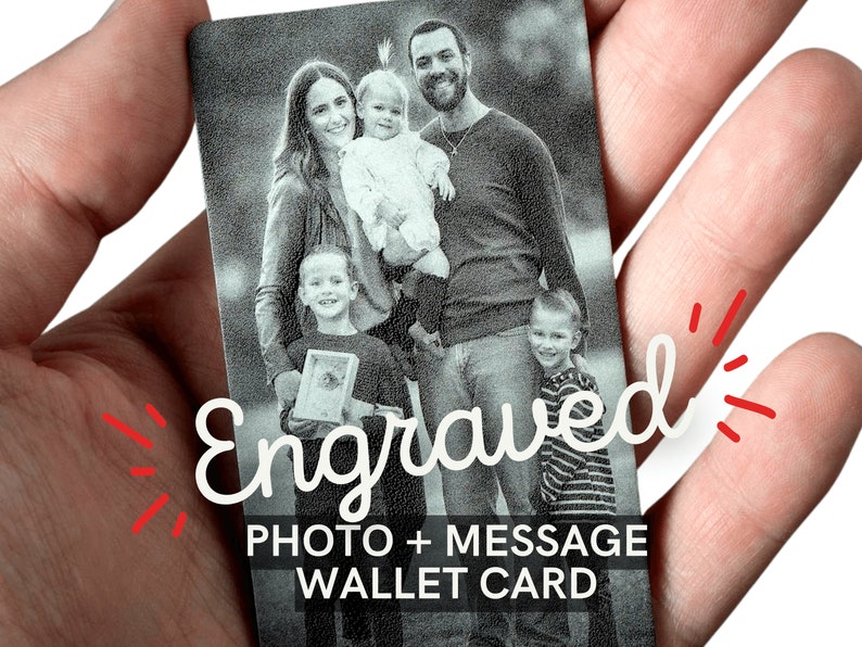 Personalized Photo Wallet Card - Engraved Aluminum Metal Anniversary Gift for Him or Her, Boyfriend or Husband Birthday, Your Handwriting 