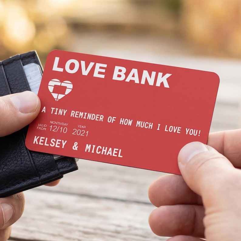 Personalized Love Bank Wallet Card - Custom Names & Date - Valentine's Day Anniversary Gift for Him or Her image 1