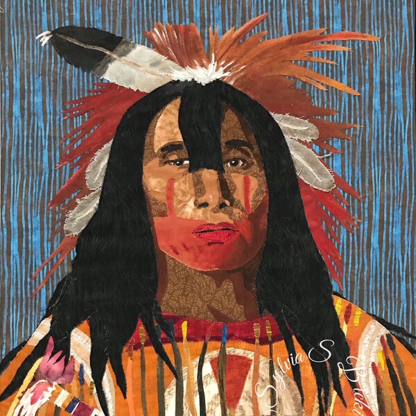 Textile portrait "Indian Chief Buffalo Bull's Back Fat", 18 W x 24 L x 1/2 " deep. The fabrics are cotton, threads; cotton and/or polyester.