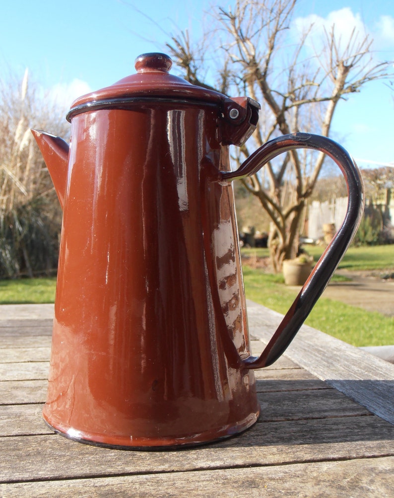 Vintage chocolate brown enamel stove top coffee pot from Etsy