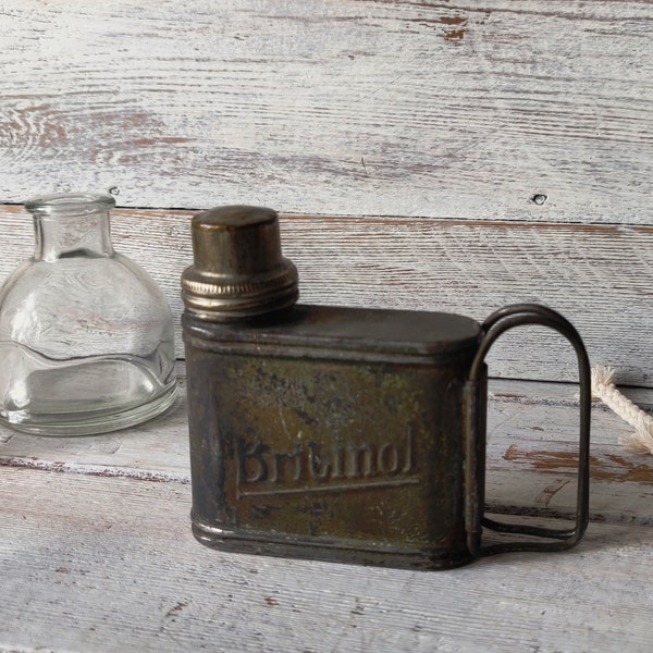 An old London 'Britinol' spirit lamp; metal, industrial, steampunk, 1950s memorabilia, metal tool. Vintage 'man cave' decor. Free delivery.