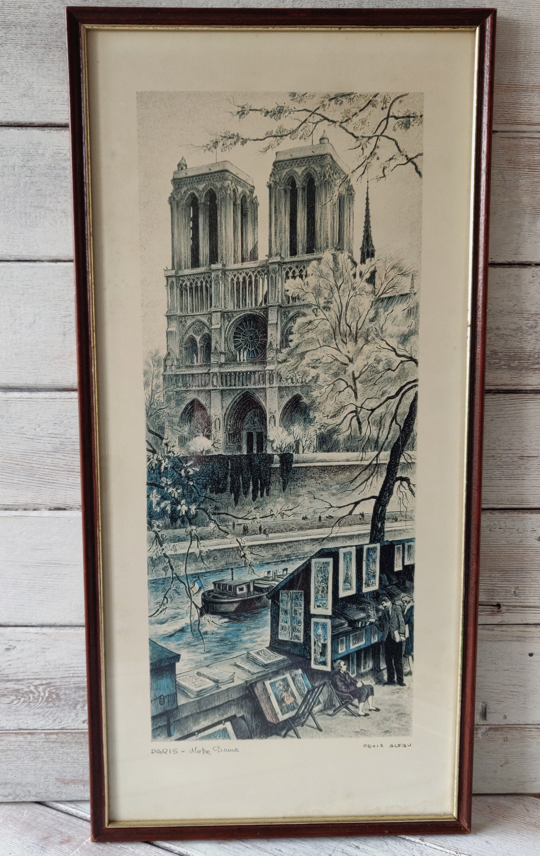 Vintage Framed, Signed, Coloured Lithograph Print by Rafael Ortiz
