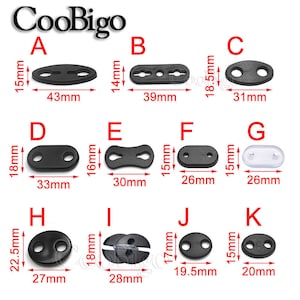 May include: Assortment of 11 black plastic buckles with different shapes and sizes, labeled with letters A through K. Each buckle has two holes and is measured in inches.