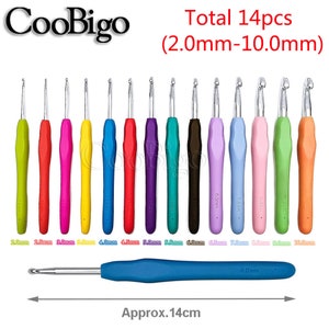 14pcs Assorted Colors Aluminum Crochet Hooks with Easy Grip Silicone Handle Tool Knitting Needles Sets DIY Weave Sewing Craft 2.0mm-10.0mm