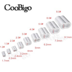 May include: Assortment of silver-colored cable crimp sleeves in various sizes, labeled with numbers and measurements in millimeters. The sleeves are arranged in order of size, from smallest to largest.