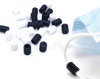 Elastic Adjustment Ear Cord Buckle No slip Rubber Button Cord Locks Stopper Rope Ends for DIY Face Mask Black & White #FLS242/S0086-3