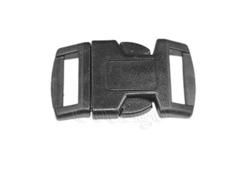 May include: Black plastic side release buckle for webbing or straps. The buckle is 25mm wide.