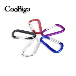 May include: Five colorful metal carabiners in a starburst pattern. The carabiners are silver, black, red, purple, and blue.