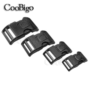 May include: Four black plastic side release buckles of different sizes. The buckles are commonly used for straps, bags, and other DIY projects.