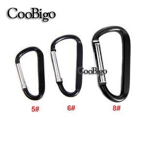May include: Three black metal carabiner clips with silver spring-loaded gates. The clips are labeled 5#, 6#, and 8#.