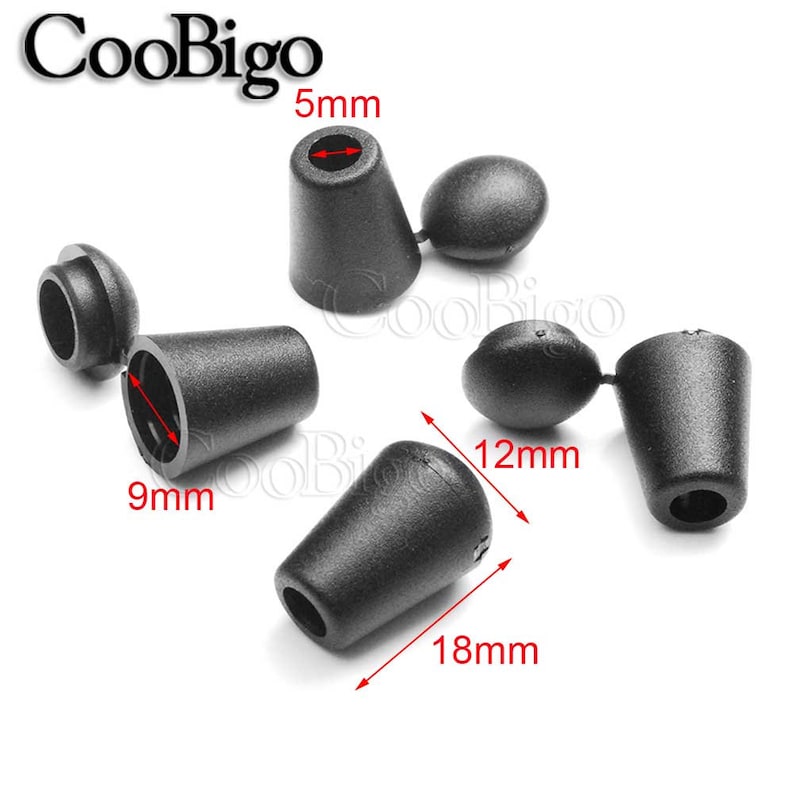 May include: Black plastic cord end stoppers with a 5 mm, 9 mm, 12 mm, and 18 mm diameter. The stoppers are designed to prevent fraying and provide a clean finish to cords.