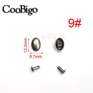 May include: Silver oval-shaped metal rivets with a 9# size designation. The rivets are 12.2 mm long and 8.7 mm wide. The rivets are shown with their corresponding posts.