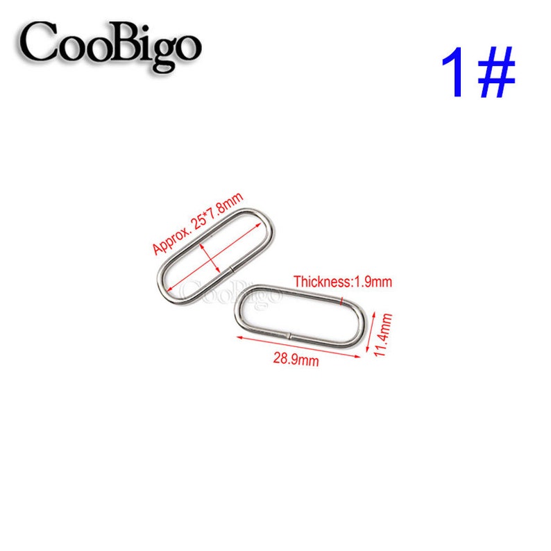 May include: Two silver-colored, oval-shaped metal rings. The dimensions are approximately 25mm x 7.8mm, 28.9mm long, 11.4mm wide, and 1.9mm thick. The number "1#" is in the upper right corner.