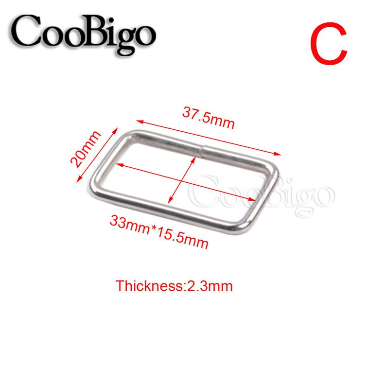 May include: A silver-colored rectangular metal ring with dimensions labeled as 37.5mm x 20mm, and 33mm x 15.5mm. The thickness is 2.3mm. The word "CooBigo" is in the upper left corner, and the letter "C" is in the upper right corner.