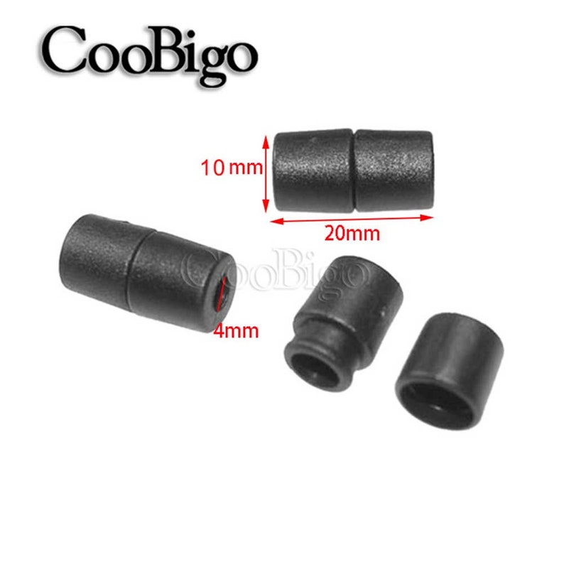 May include: Three black plastic cord end stoppers. The stoppers are 20 mm long, 10 mm wide, and 4 mm in diameter. CooBigo is printed on the image.