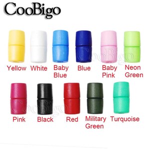 May include: Assortment of plastic cord end stoppers in various colours, including yellow, white, baby blue, blue, baby pink, neon green, pink, black, red, military green, and turquoise.