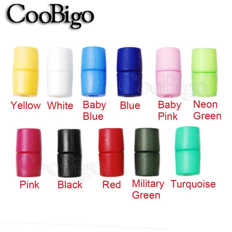 May include: Assortment of plastic cord end stoppers in various colours, including yellow, white, baby blue, blue, baby pink, neon green, pink, black, red, military green, and turquoise.