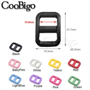 May include: Assortment of plastic slider buckles in various colors, including black, baby pink, white, yellow, red, light blue, purple, pink, and green. The buckles measure approximately 1.53 inches in width and 0.85 inches in height.